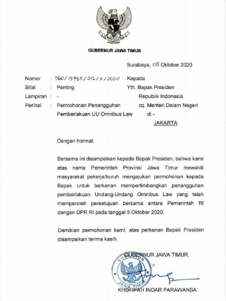 Khofifah Surati Jokowi Penuhi Tuntutan Buruh - Surat Gubernur Jawa Timur