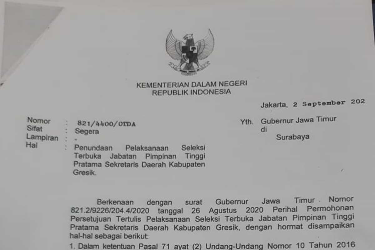PENUNDAAN - Surat dari Kementerian Dalam Negeri berisikan penundaan pelaksanaan seleksi terbuka jabatan pimpinan tertinggi pratama Sekretaris Daerah (Sekda) Kabupaten Gresik