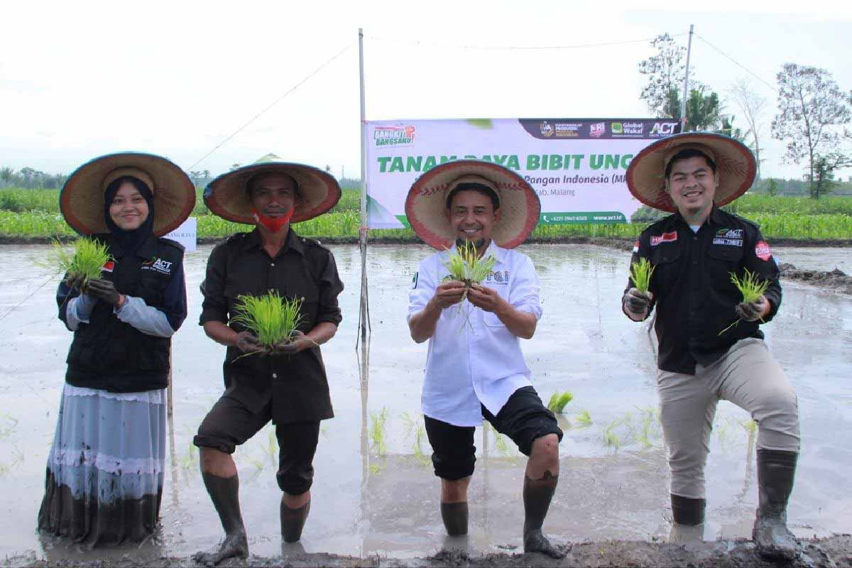 Tanam raya perdana bibit HMS 700 - Global Wakaf - ACT Malang Tanam Raya Bibit Padi HMS 700