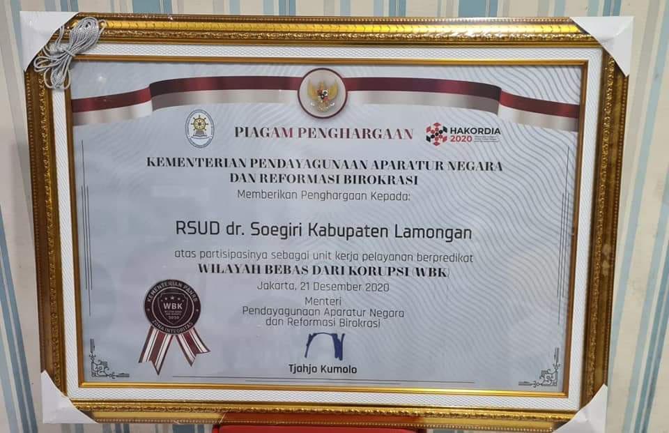Penghargaan - Kemenpan RB - WBK 2020 Lamongan - Lamongan Kembali Peroleh Penghargaan ZI dari Kemenpan RB
