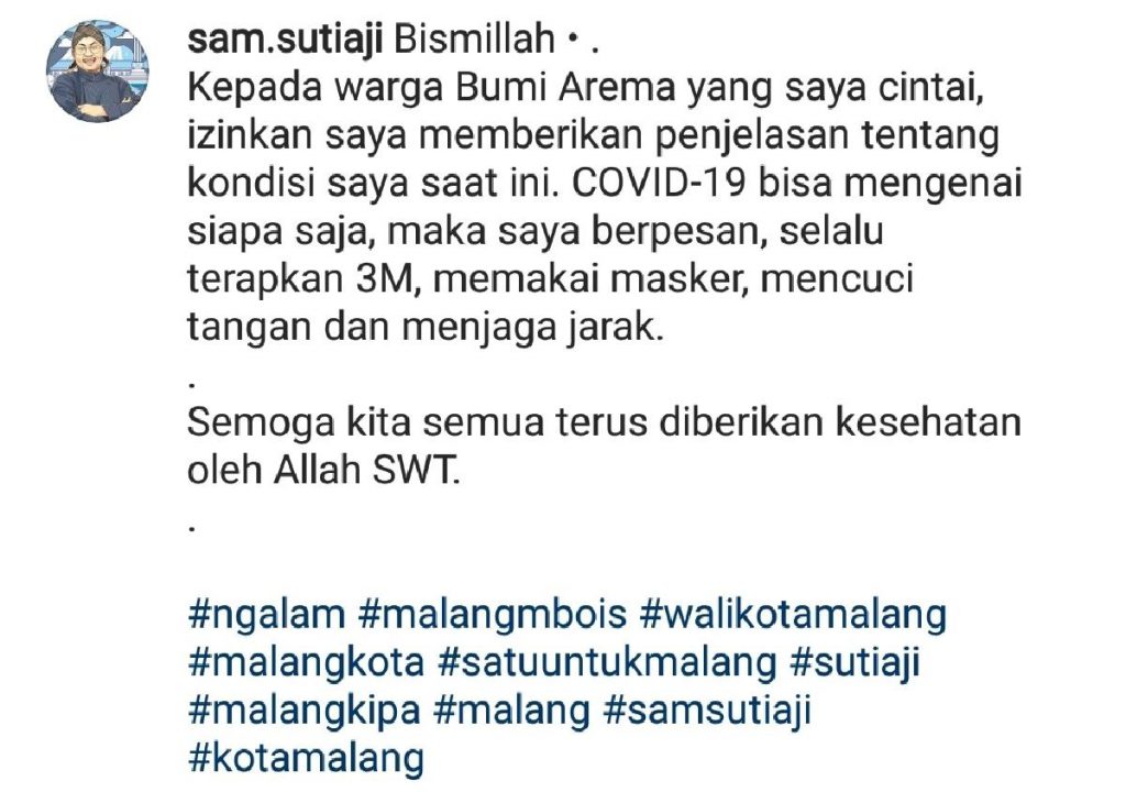 Status IG Wali Kota Malang terkait kondisinya. (ist)