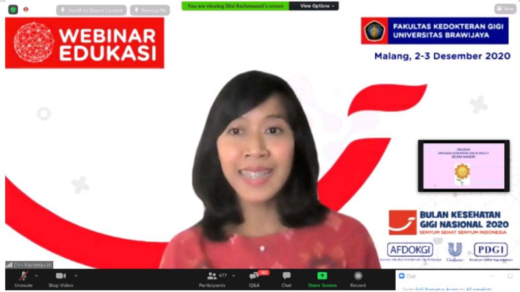 drg Dini Rachmawati, SpKGA memaparkan materi “Menjaga Kesehatan Gigi Anak di Era COVID-19” - FKG UB - Unilever Edukasi Kesehatan Gigi saat Pandemi pada Siswa SD