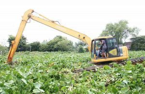 Kerahkan Backhoe Amphibi Bersihkan Enceng Gondok, Bupati Fadeli Juga Salurkan 300 Paket Sembako
