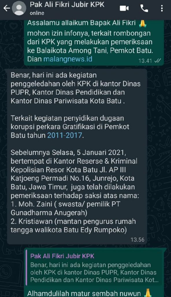 Klarifikasi Jubir KPK Ali Fikri. (ist) - KPK Geledah Balaikota Among Tani Batu, Terkait Dugaan Korupsi Gratifikasi 2011-2017