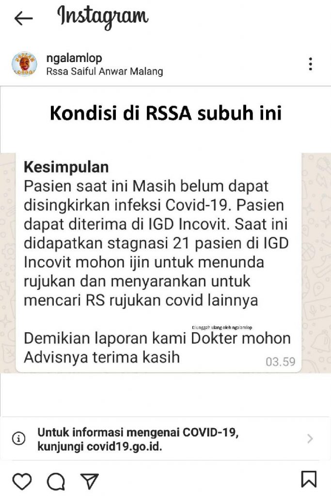 Postingan ngalamlop. (ist) - RSSA Klarifikasi Isu Stagnasi Pasien Covid