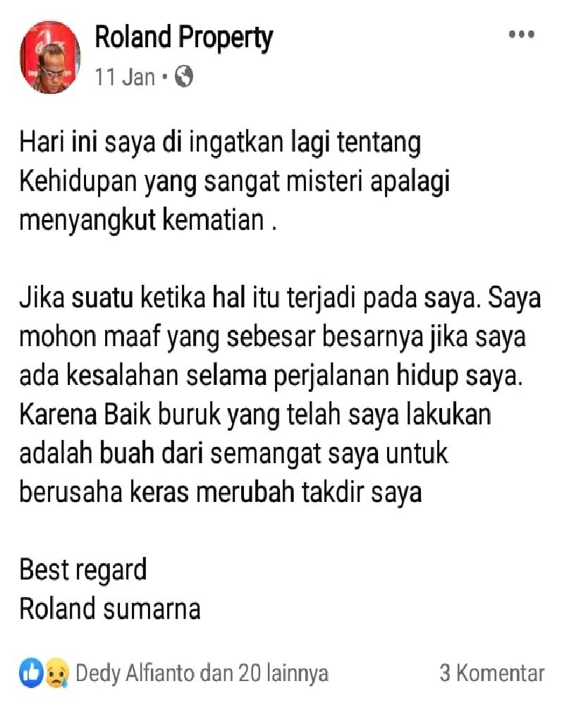 Status FB firasat korban. (ist) - Longsor Akibat Hujan Deras, Satu Warga Sulfat Inside Hilang