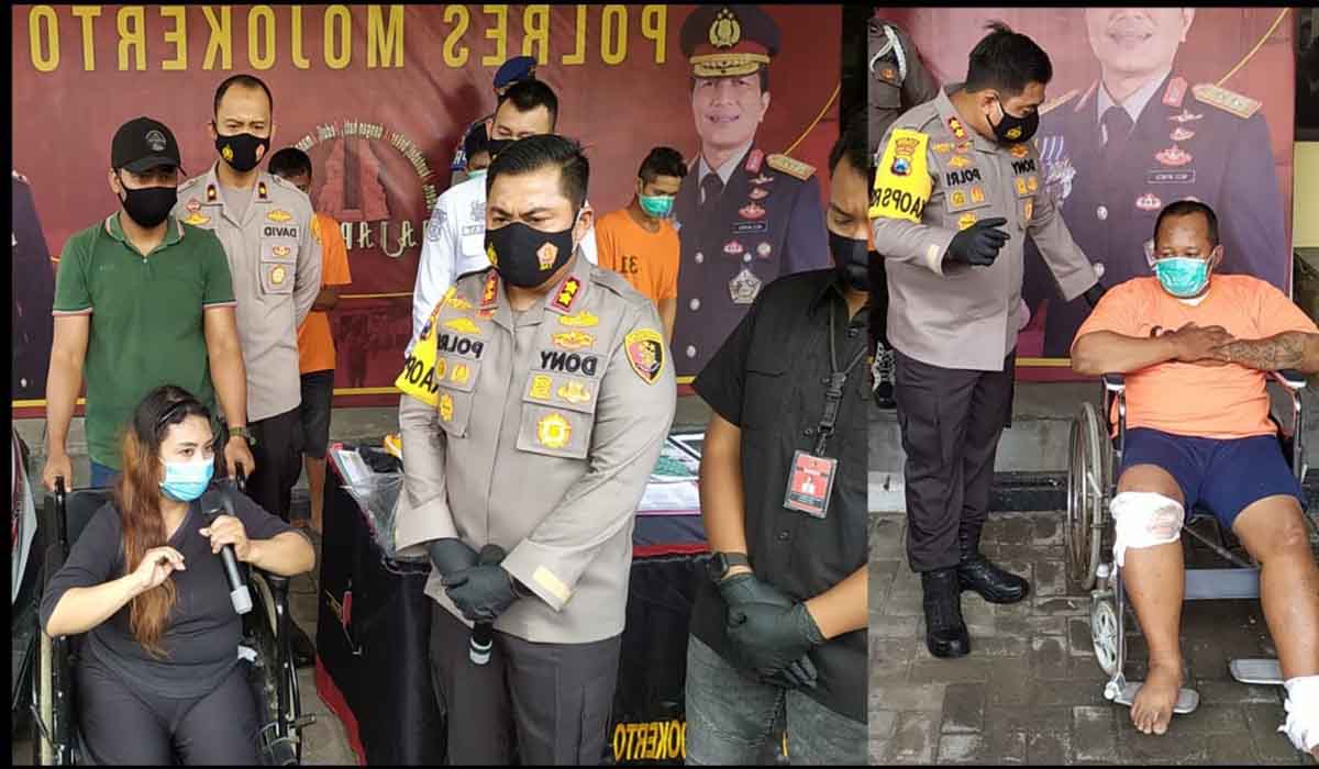 (kiri) Korban didampingi Kapolres sedang memberikan keterangan, (kanan) Kapolres menanyakan kejadian kepada pelaku saat koferensi pers di Mapolres mojokerto - Penjambret Ibu Hamil Ditembak Polisi