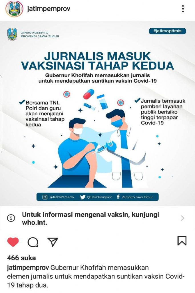 Status akun instagram @JatimPemprov. (ist) - Jurnalis Masuk Vaksinasi Tahap Kedua
