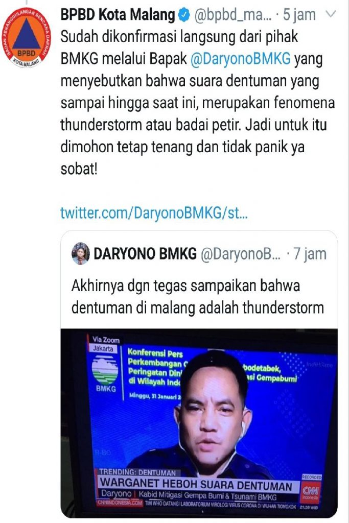 Status twitter @bpbd.malangkota dan @DaryonoBMKG. (ist) - Dentuman di Malang, BMKG: Itu Badai Petir