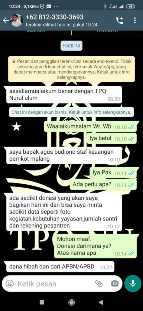 Chat penipu melancarkan modus aksinya. (ist) - Awas Penipuan Modus Berikan Donasi - Penipu catut Pemkot Malang