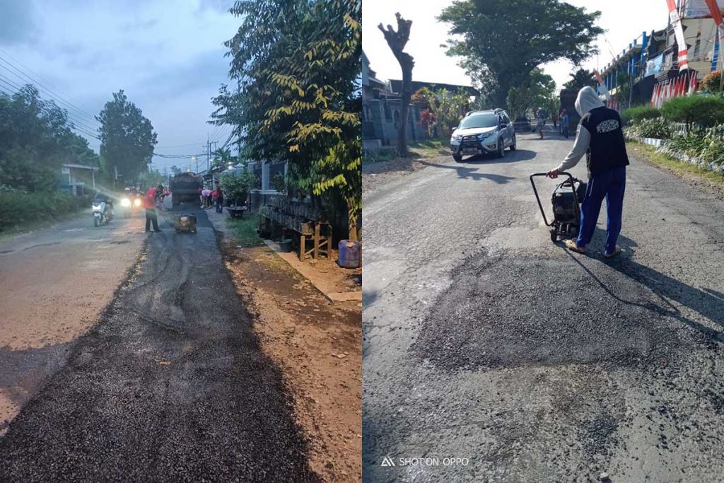 Satgas jalan berlubang UPT wilayah III Genteng Dinas Pekerjaan Umum Cipta Karya Permukiman dan Perumahan Kabupaten Banyuwangi saat memperbaiki jalan kabupaten, di wilayah Kecamatan Sempu. (ant) (F: Kuryanto Memo-X) - Nyamankan Pengguna Jalan, Satgas Jalan Berlubang Terus Benahi Jalan Berlubang
