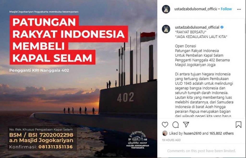 Unggahan penggalangan dana UAS - Ustaz Abdul Somad Galang Dana Beli Kapal Selam, Begini Respon Kemenhan