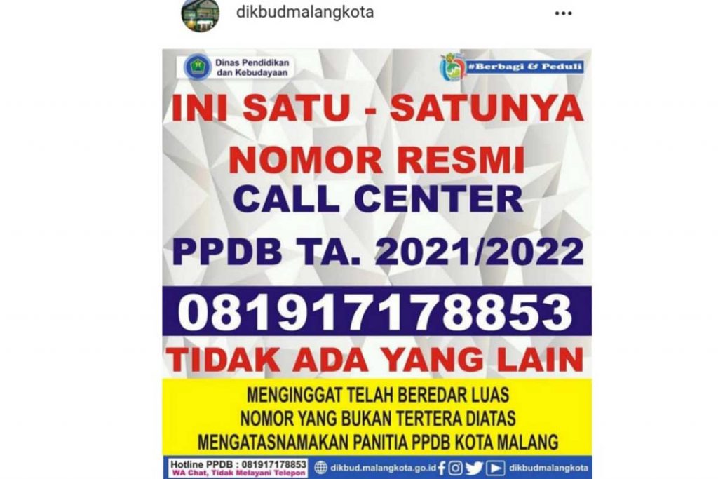 Pemberitahuan Disdikbud Kota Malang melalui akun instagram. (ist) - Awas Penipuan, Call Center PPDB Kota Malang Hanya 081917178853