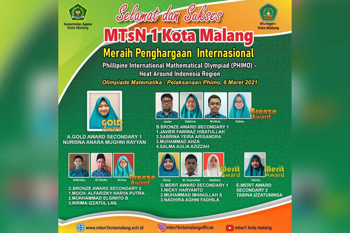 Prestasi internasional MTsN 1 dalam Philipine International Mathematical Olympiad (PHIMO) Heat Around Indonesia Region 2021. (ist) - MTsN 1 Kota Malang Targetkan 300 Lebih Prestasi 2020/2021