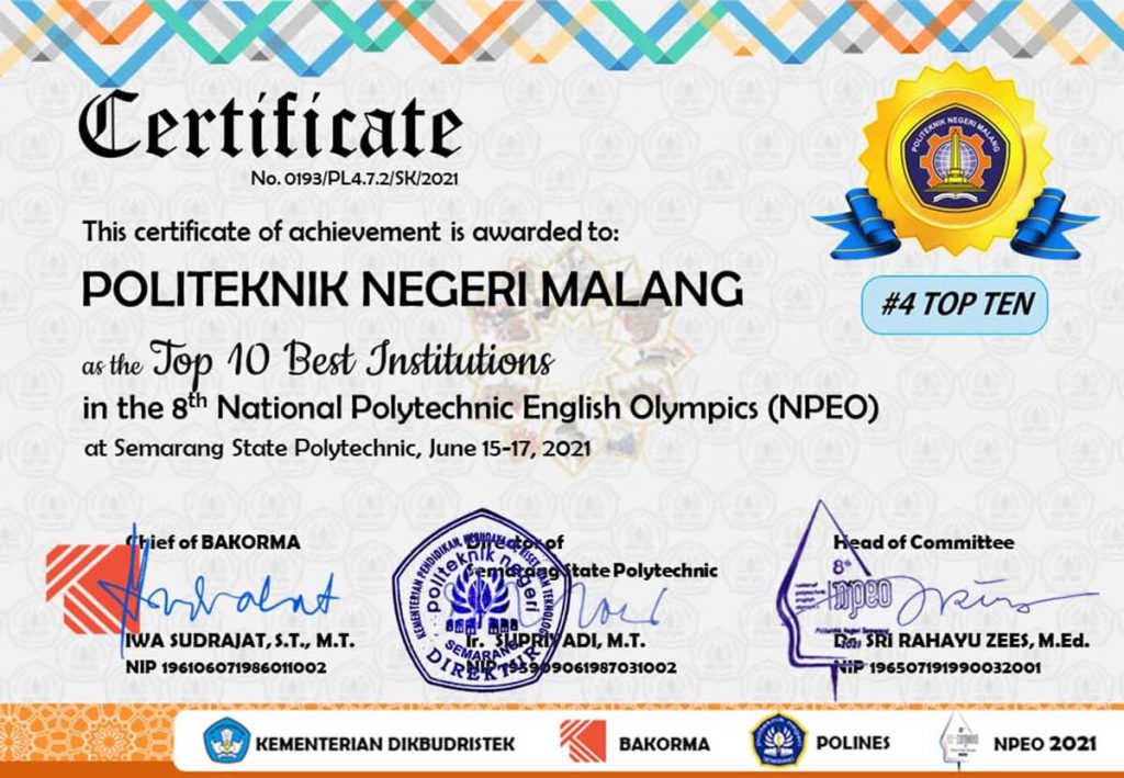 Sertifikat Lomba NPEO 2021. (ist) - Mahasiswa Polinema Raih Prestasi Ajang NPEO 2021