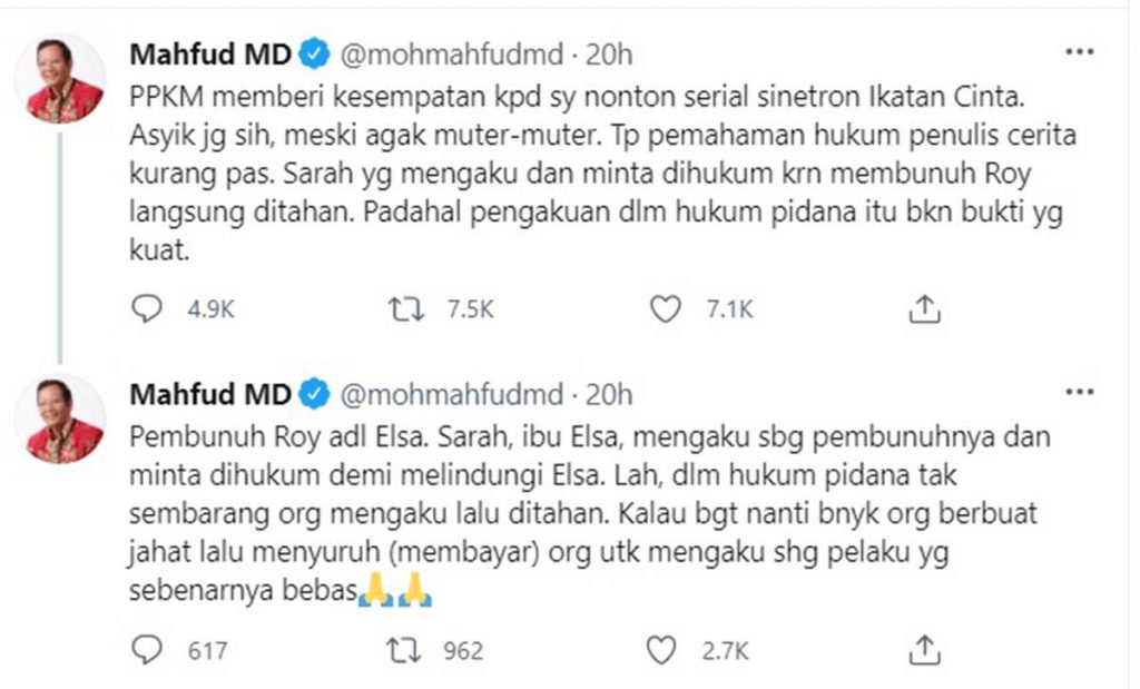 Tweet Mahfud tentang sinetron Ikatan Cinta. (ist) - Nonton Ikatan Cinta, Mahfud MD Kritisi Hal Ini