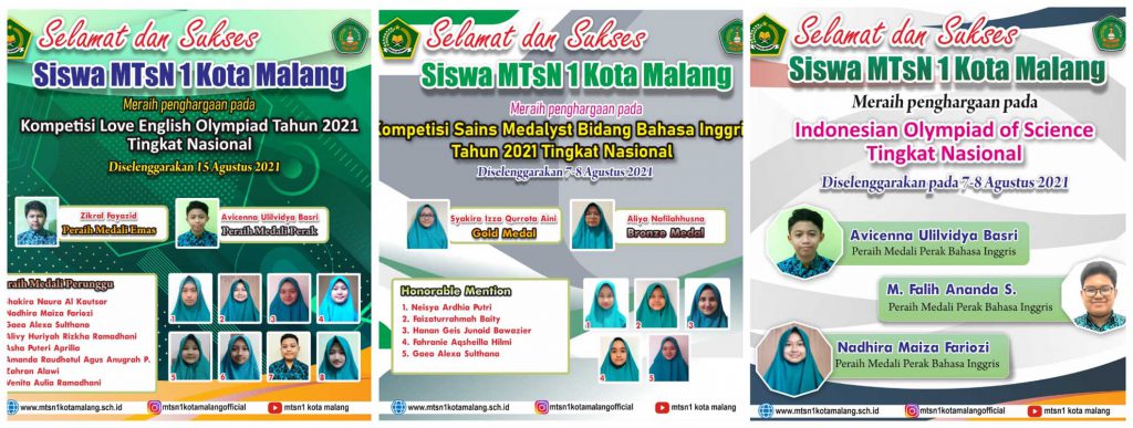 20 prestasi nasional dari Kompetisi Love English Olympiad 2021, Kompetisi Sains Medalyst 2021 dan Indonesian Olympiad of Science 2021. (ist) - Semangat Juang Tinggi, MTsN 1 Kota Malang Dulang 42 Prestasi