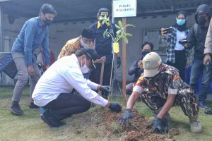 Wawali Kota Malang, Sofyan Edi Jarwoko menanam pohon pule di depan RPH. (jaz) - Bung Edi Kembali Tanam Pohon Pule di Perumda Aneka Usaha