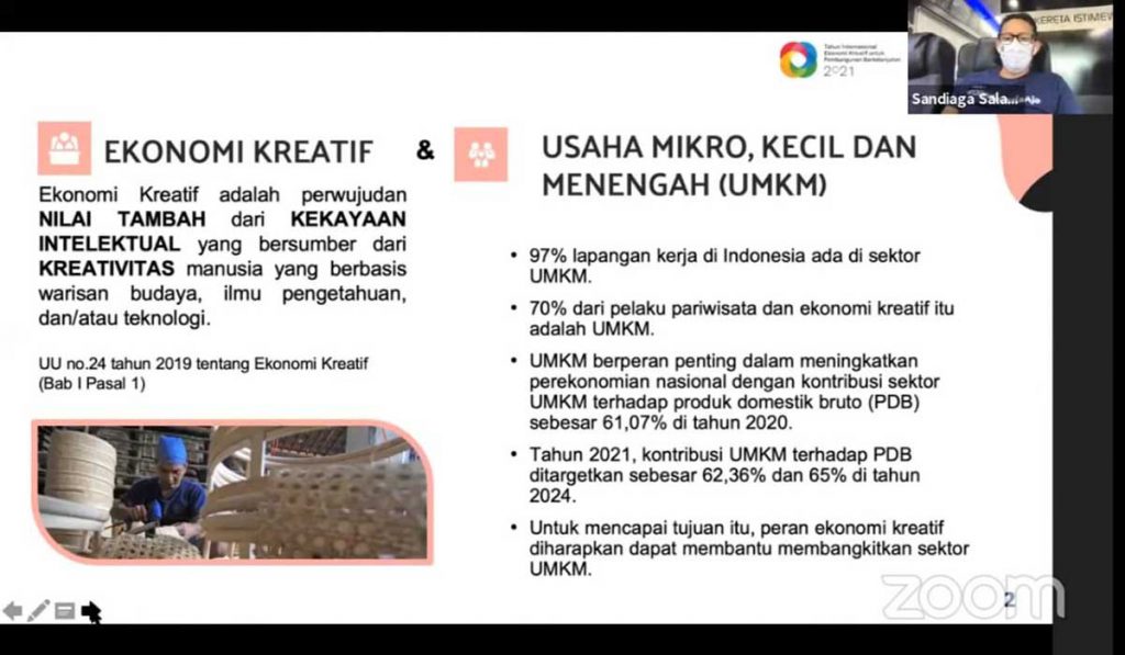 Pemaparan Sandiaga Uno terkait ekonomi kreatif dan UMKM. (rhd) - Sandiaga Uno: Creativepreneurship Solusi Pemulihan Ekonomi Nasional di Masa Pandemi