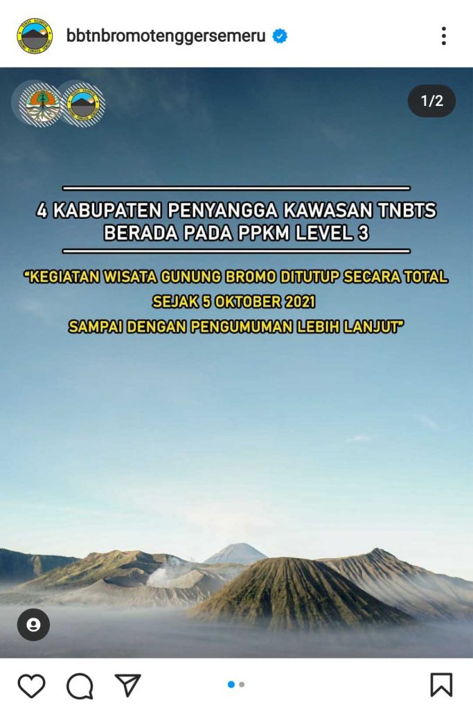 Pengumuman TNBTS ditutup kembali. (IG) - Wisata Bromo Tengger Semeru Kembali Ditutup