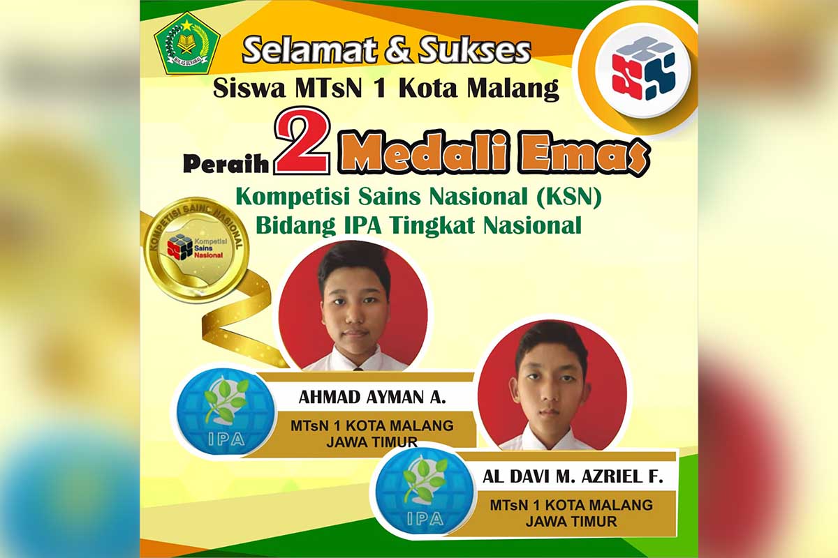 Ahmad Ayman Al Ghifary dan Al Davi Muhammad Azriel F, peraih dua medali emas KSN 2021. (ist) - Siswa MTsN 1 Kota Malang Persembahkan Dua Medali Emas KSN 2021