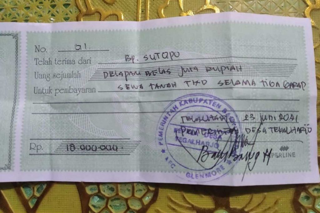 Bukti kwitansi sewa Tanah Kas Desa yang ditandatangani Sekdes Tegalharjo, Bambang Harianto - Sekdes Tegalharjo Diduga Selewengkan Uang Sewa Tanah Kas Desa