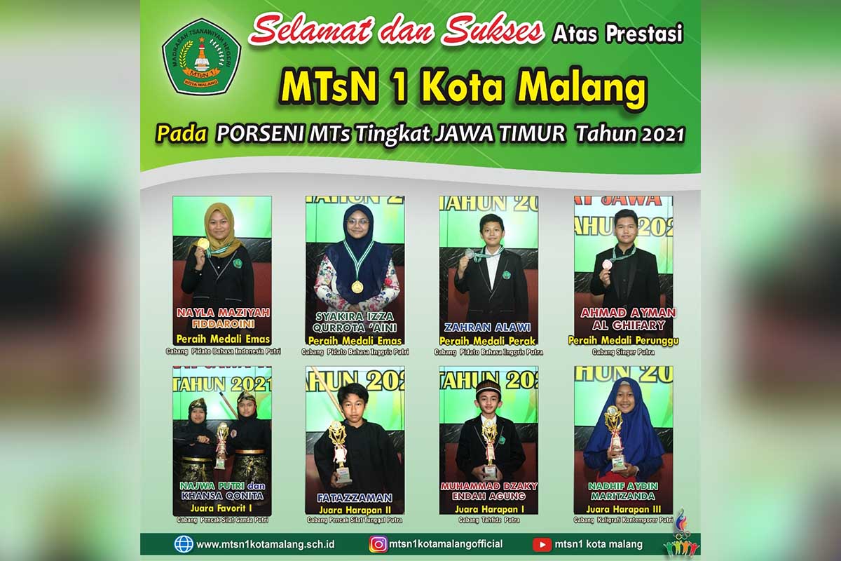 Delapan prestasi yang diraih oleh siswa-siswi MTsN 1 Kota Malang dalam Porseni MTs tingkat Jawa Timur 2021. (ist) - MTsN 1 Kota Malang Sabet 8 Prestasi Porseni MTs Jatim 2021