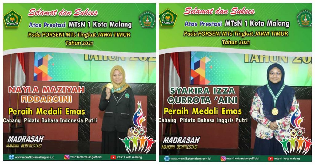 Dua siswi Matsanewa penyumbang medali emas. (ist) - MTsN 1 Kota Malang Sabet 8 Prestasi Porseni MTs Jatim 2021