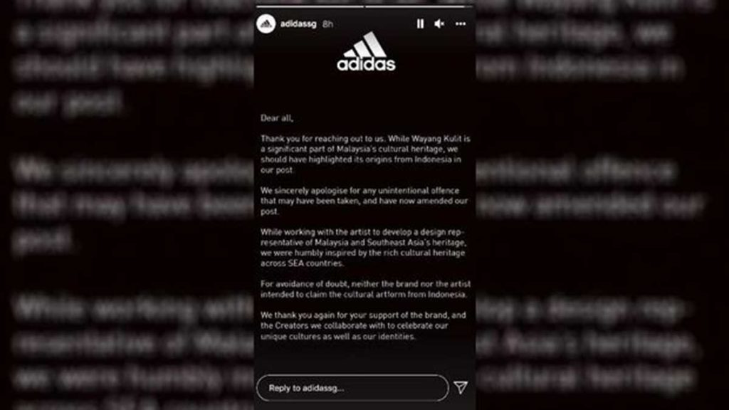 Permintaan maaf Adidas. (ist) - Adidas Digeruduk Netizen Indonesia Usai Sebut Wayang dari Malaysia