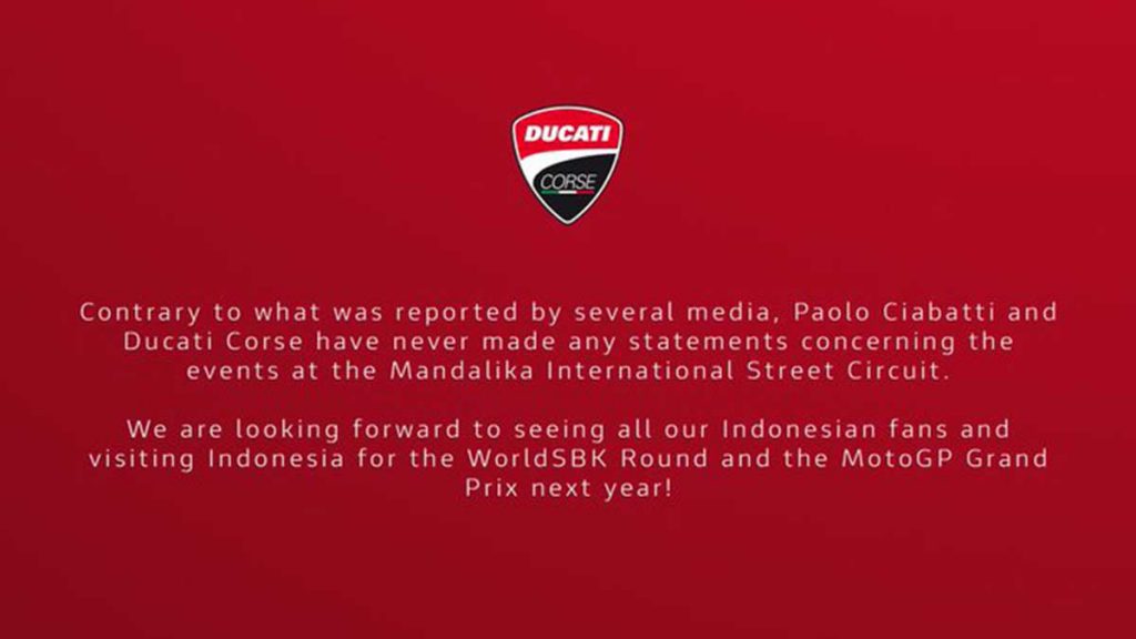 Pernyataan resmi Ducati lewat akun Twitter resminya. (ist) - Usai Heboh, Ducati Bantah Marah dan Justru Bilang Tak Sabar Datang ke Indonesia