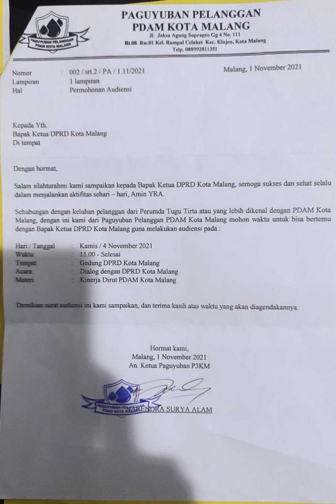 Surat undangan terbuka mengatasnamakan Paguyuban Pelanggan PDAM Kota Malang. (ist) - Penuhi Undangan Terbuka, Puluhan Masyarakat Kecele Datangi DPRD Kota Malang