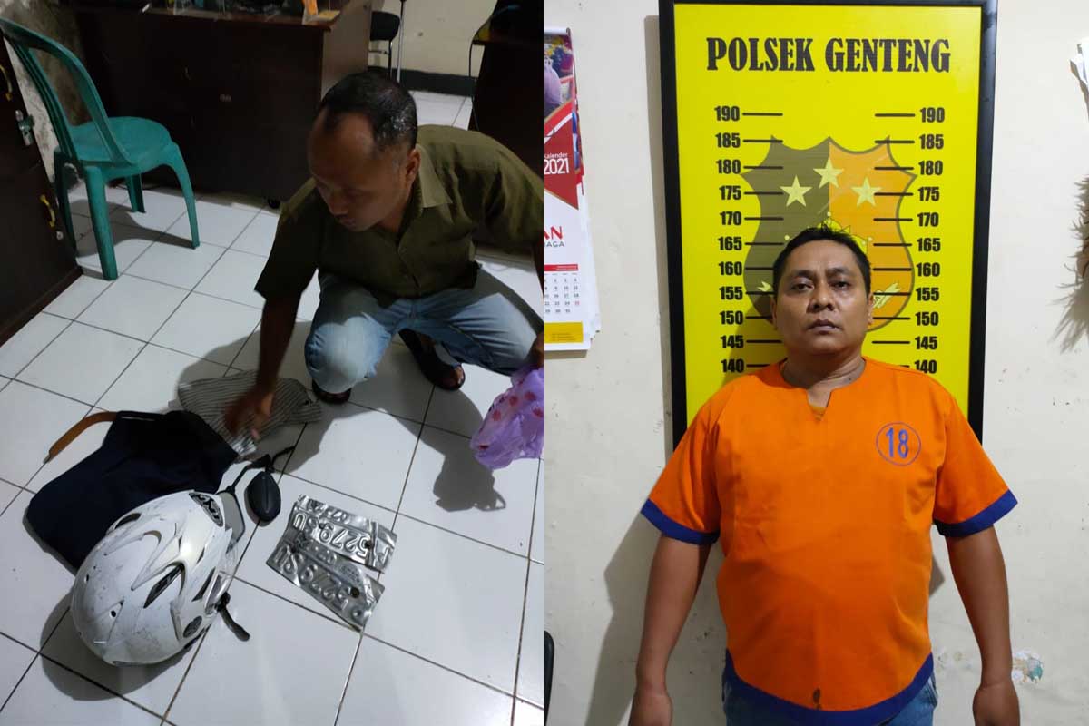 Tersangka Agus Anang Ferdiansyah pria asal Desa Seputih, Kecamatan Mayang, Jember yang diduga melakukan pencurian di toko busana One Distiq saat menjalani pemeriksaan di Mapolsek Genteng, Rabu (3/11/2021) siang. (Ist) - Kedapatan Ngutil Baju Di Toko Busana, Pria Asal Jember Diciduk Polisi
