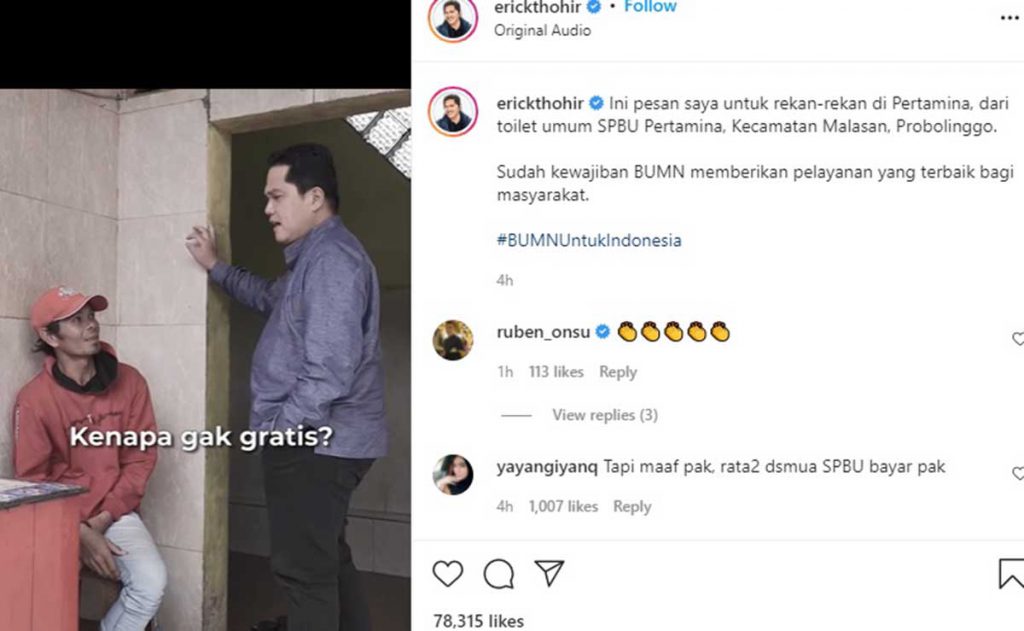 Unggahan Erick Thohir bertanya kepada penjaga toilet SPBU. (ist) - Erick Thohir Sebut Toilet SPBU Harus Gratis