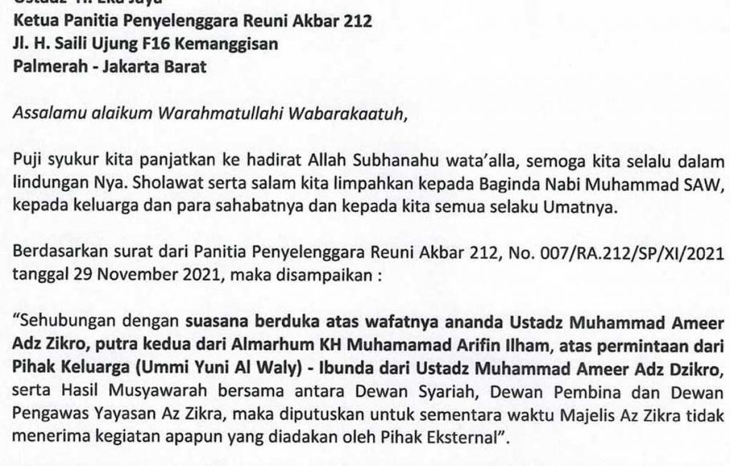 Surat keterangan dari Yayasan Az Zikra. (ist) - Az Zikra Masih Berduka, Tolak Jadi Lokasi Reuni 212