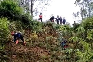 Aksi reboisasi di kawasan terjal, sekitar Pura Giri Luhur Arjuno, Junggo. (ist) - Reboisasi di Kawasan Terjal, BPBD Batu Gunakan Teknik Rock Climbing