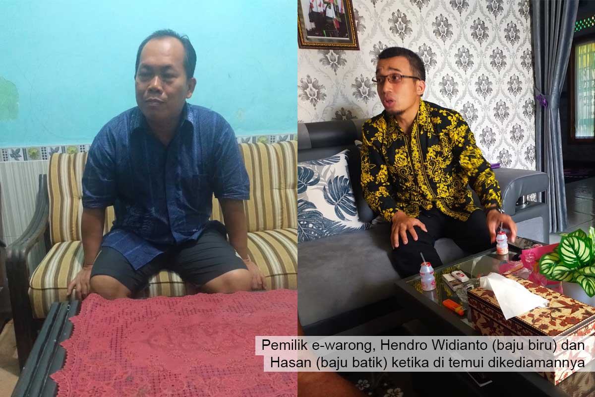 Pemilik e-warong, Hendro Widianto (baju biru) dan Hasan (baju batik) ketika di temui dikediamannya. (Kuryanto) - Diduga Pemilik e-warong Desa Bayu Monopoli Penyaluran BPNT