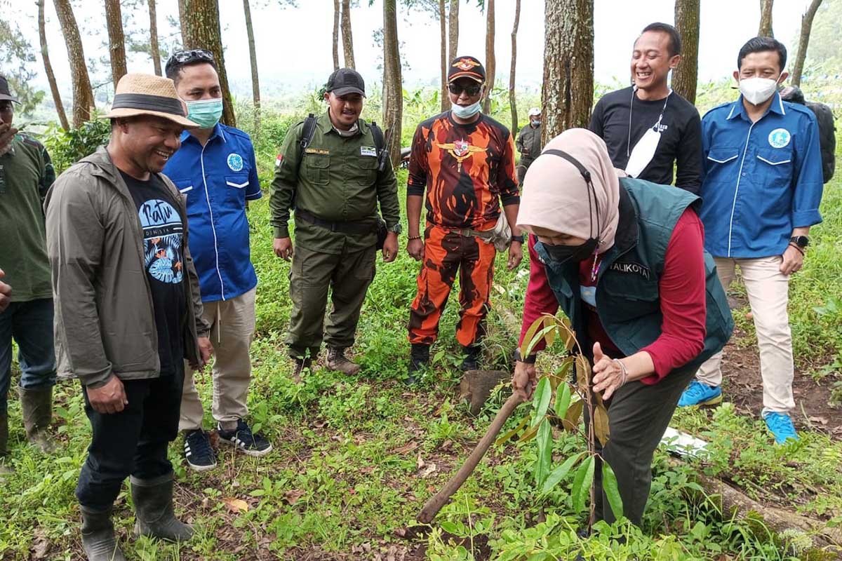 Wali Kota Batu dan Kepala KLH Kota Batu ikut melaksanakan penghijauan 'rabuisasi bersama Gekrafs Batu. (ws3) - Gekrafs Batu Inisiasi Gerakan Penghijauan Terdigitalisasi 'Nandurigunung'