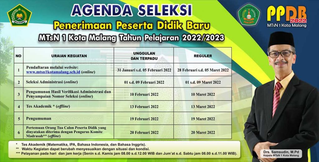 Agenda seleksi PPDB Online MTsN 1 Kota Malang tahun ajaran 2022/2023. (ist) - MTsN 1 Kota Malang Terima 180 Siswa Baru Jalur Unggulan-Terpadu