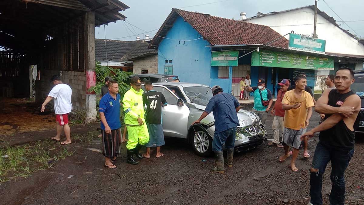 Mobil Nisan Juke Tertimpa Pohon Mahoni, Penumpang Selamat