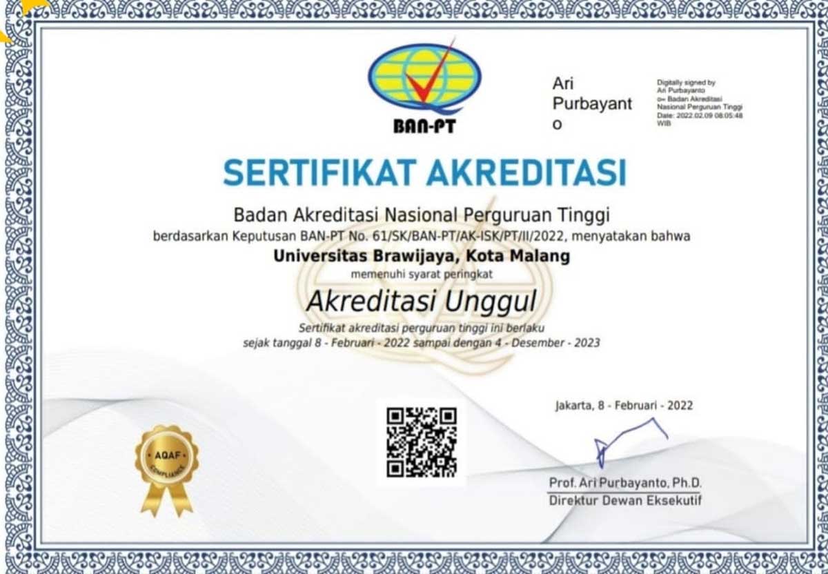 Sertifikat Akreditasi dari BAN PT, menyatakan UB sebagai kampus Akreditasi Unggul. (ist) - UB Didapuk BAN PT Sebagai Kampus Akreditasi Unggul