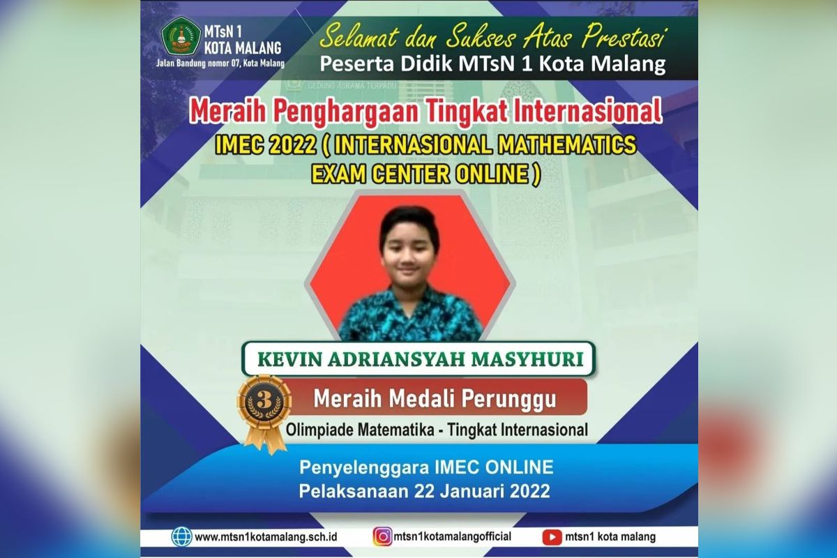 MTsN 1 Kota Malang meraih penghargaan internasional IMEC 2022. (ist) - MTsN 1 Kota Malang Torehkan 1.238 Prestasi Sementara TA 2021/2022