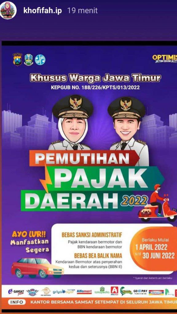 Unggahan Gubernur Khofifah tentang pemutihan pajak kendaraan 2022. (ist) - Pengumuman! Warga Jatim Dapat Pemutihan Pajak Kendaraan 2022