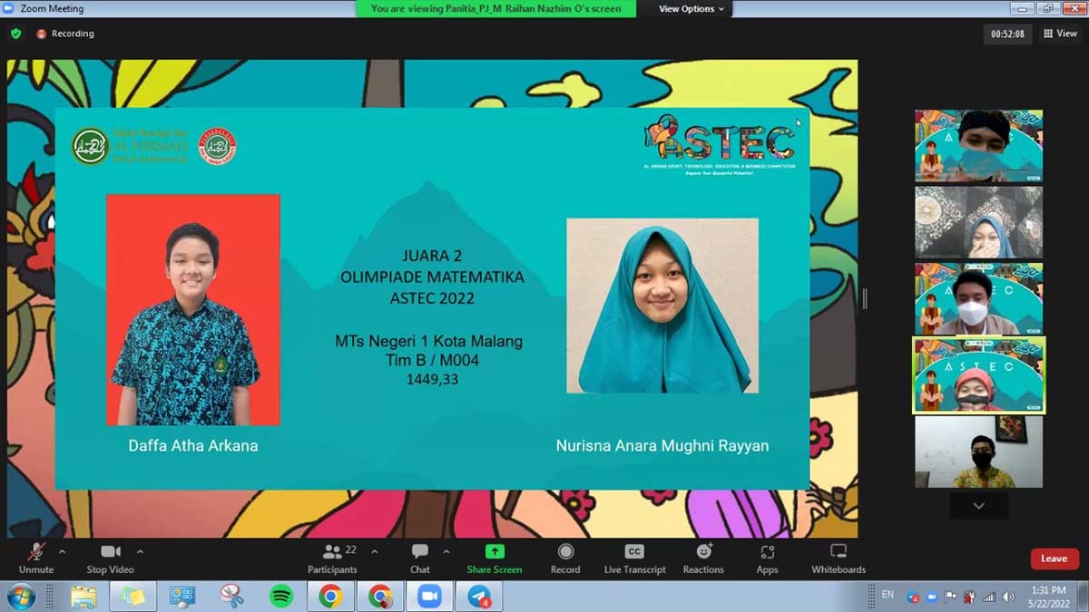 Nurisna Anara Mughni Rayyan dan Daffa Atha Arkana meraih juara 2 dalam Olimpiade Matematika Astec 2022. (ist) - Jelang Akhir TA 2021/2022, MTsN 1 Kota Malang Persembahkan 1.523 Prestasi