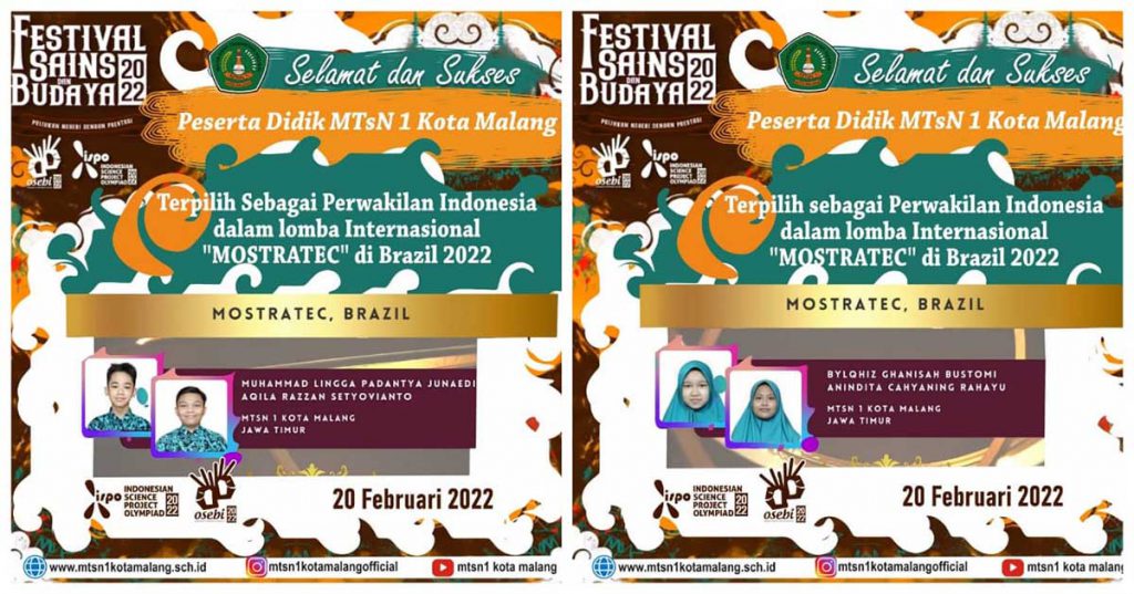 Delegasi MTsN 1 Kota Malang yang mendapatkan kesempatan mengikuti MOSTRATEC Brazil 2022. (ist) - Pamungkasi TA 2021/2022, MTsN 1 Kota Malang Bukukan 1.623 Prestasi