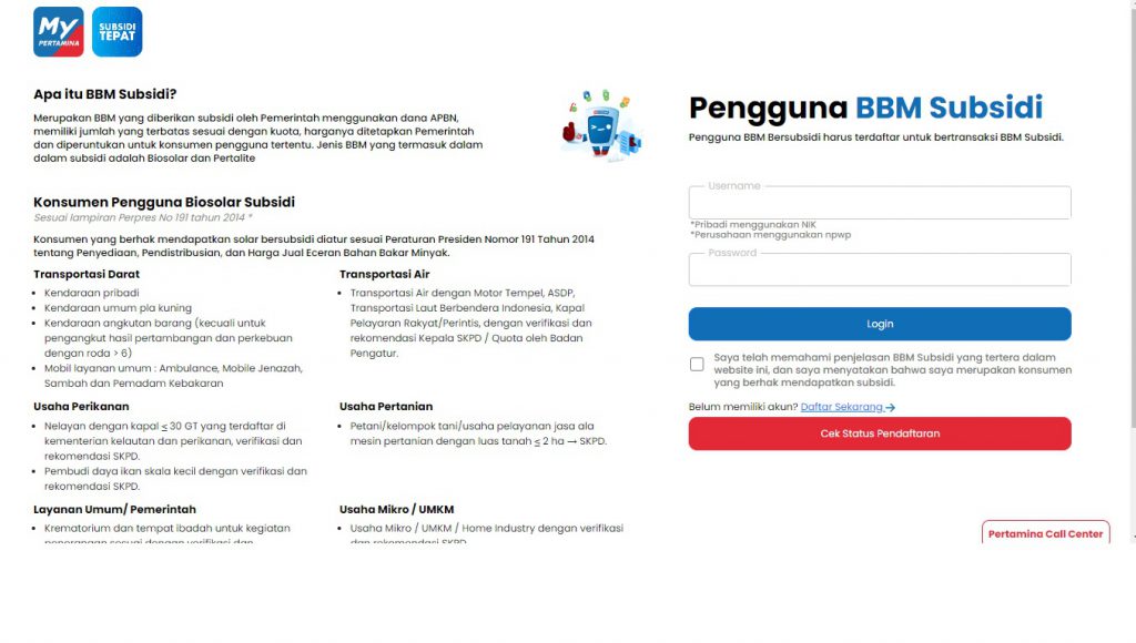 ft2 tampilan laman pendaftaran penerima bbm subsidi.