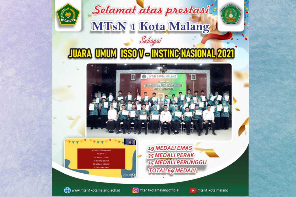 MTsN 1 Kota Malang memborong 69 medali dalam ISSO V. (ist) - Pamungkasi TA 2021/2022, MTsN 1 Kota Malang Bukukan 1.623 Prestasi
