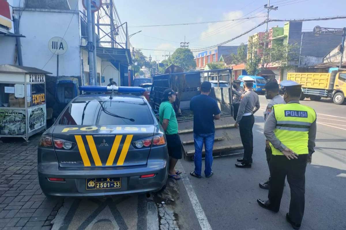 Petugas Kepolisian Polsek Sukun, saat lakukan operasi lalu lintas hewan ternak di Pos Pemeriksaan PMK. (ist) - Cegah Penyebaran PMK, Polresta Malang Gelar Operasi di Perbatasan