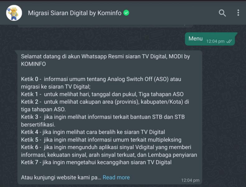 Tampilan Chatbot WhatsApp Kominfo.