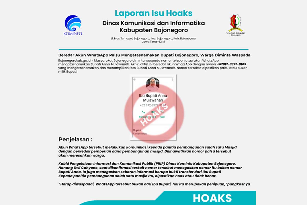 Akun WhatsApp mengatasnamakan Bupati Bojonegoro Anna Mu’awanah yang dipastikan palsu - WhatsApp Palsu Mengatasnamakan Bupati Bojonegoro, Warga Diminta Waspada