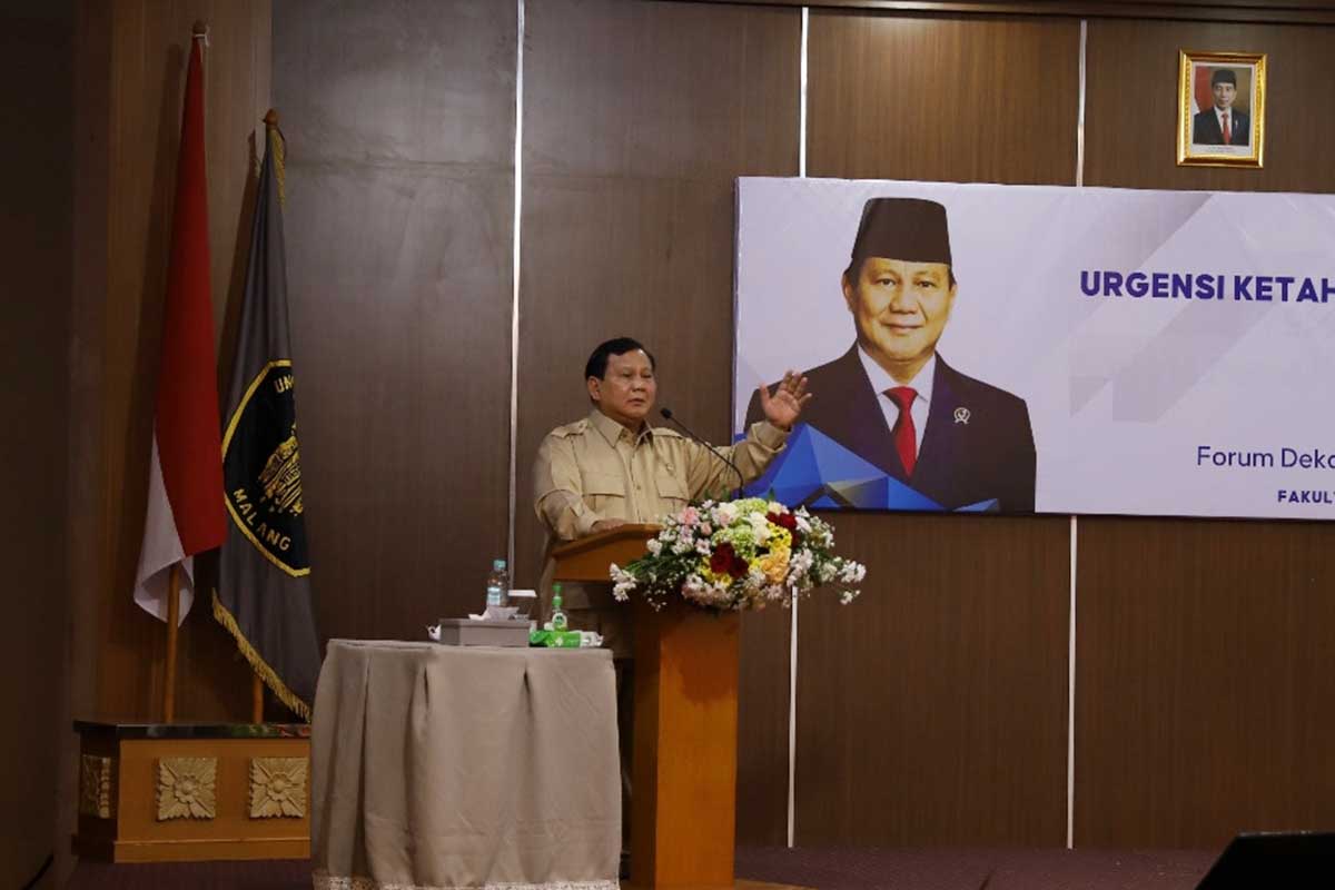 Menteri Pertahanan (Menhan) Letjen TNI (Purn) Prabowo Subianto Djojohadikusumo, saat menyampaikan paparan. (ist) - Menhan Prabowo Dorong Peran Akademisi Cetak SDM Unggul Ketahanan Nasional